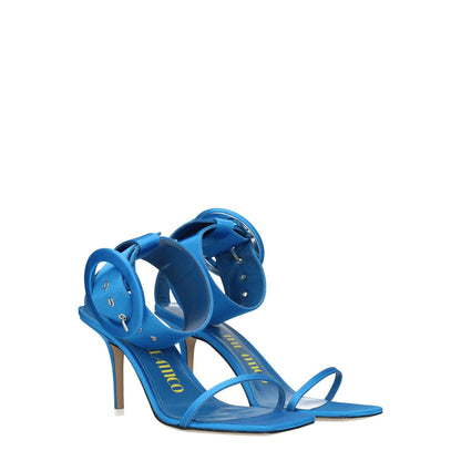 The Attico Light Blue Satin Stiletto Heel Sandals with buckle closure and leather sole, featuring an open toe and 8.5 cm mid heels.