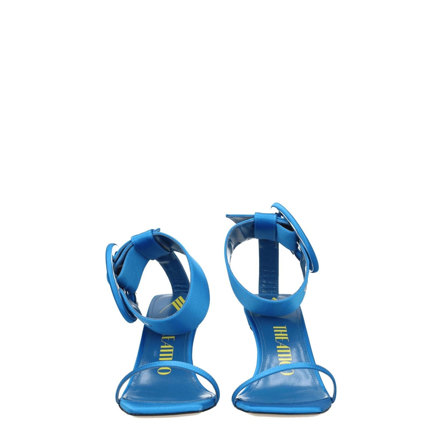 The Attico Light Blue Satin Stiletto Heel Sandals with open toe and buckle closure, featuring an 8.5 cm mid heel and leather sole.