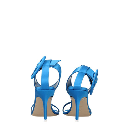 Back view of The Attico Light Blue Satin Stiletto Heel Sandals with buckle closure and open toe design, leather sole.