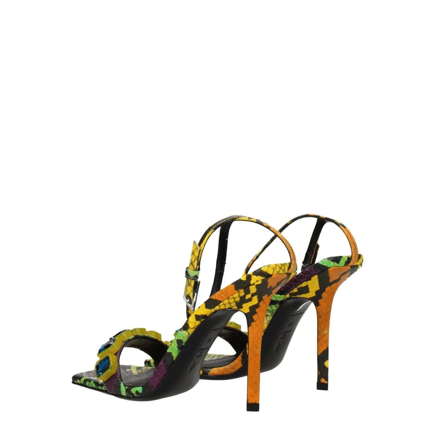 The Attico Multicolor Leather Stiletto Heel Sandals with snake print, aged effect, and buckle closure, vintage style.