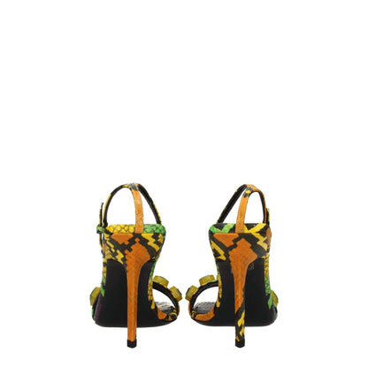 The Attico Multicolor Leather Stiletto Heel Sandals with snake print, open toe design, buckle closure, and 10.5 cm high heel.