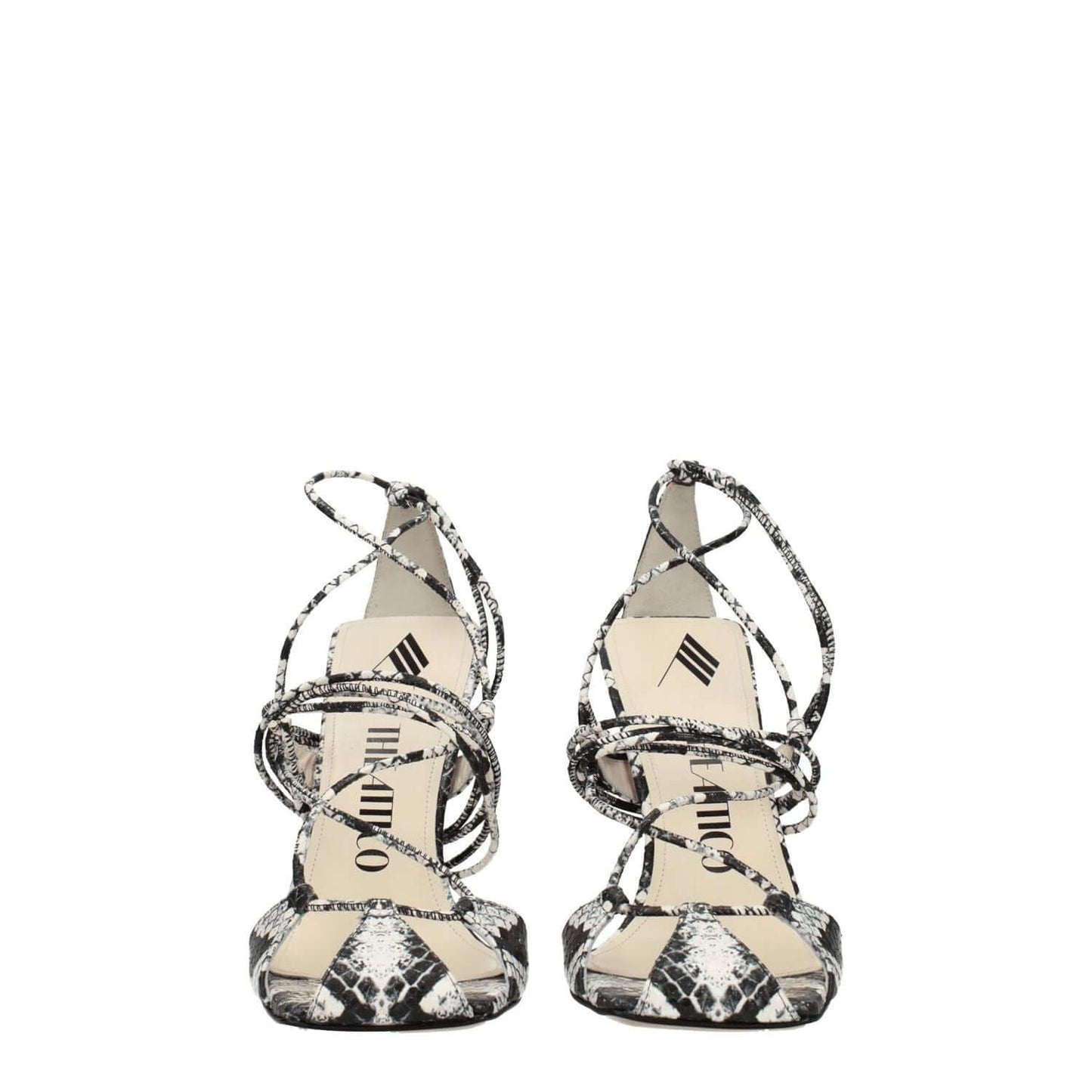 The Attico White Leather Stiletto Heel Sandals with snake print and open toe design, featuring self-tie closure and high heel.