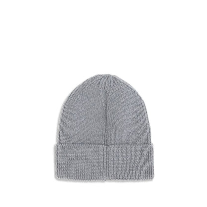 The North Face Gray Marabou Beanie with ribbed fabric and logo patch, perfect for cold weather style and comfort.