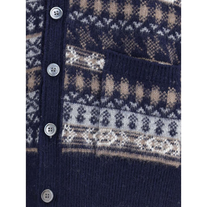 Close-up of Thom Browne Blue Wool Cardigan with Fair Isle print and button closure.