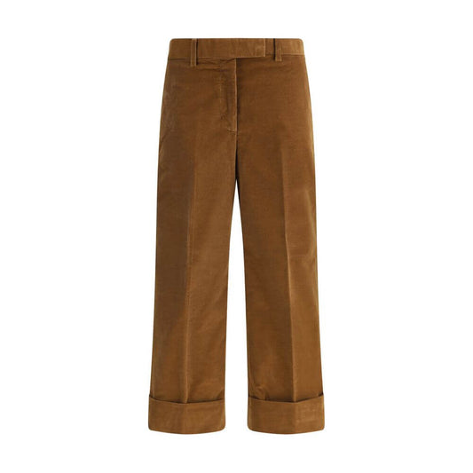 Thom Browne Brown Cotton Casual Pants with corduroy texture, tricolor applique, and welt pockets, featuring straight leg design