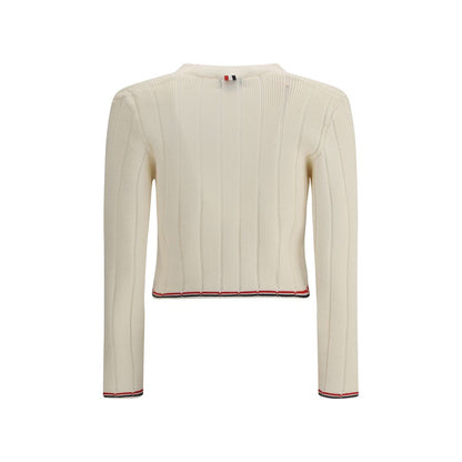 Back view of Thom Browne Cream Fleece Wool Cardigan with ribbed design and iconic colored bands on hem and cuffs, AW25 fashion.