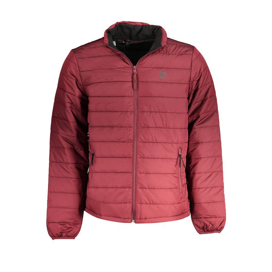 Timberland Red Polyester Men's Sports Jacket with zip closure and pockets, featuring eco-friendly design and iconic logo.