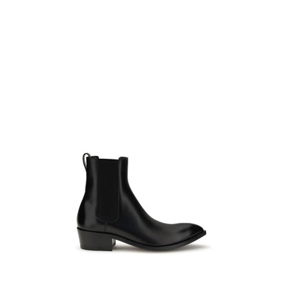 Tom Ford Black Calf Leather Bos Taurus Chelsea Boots with ankle-length construction and side elastic for snug fit.