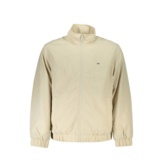Tommy Hilfiger Beige Polyamide Men Jacket with elastic waist and cuffs, featuring three pockets, made of 95% recycled nylon for eco-conscious style.