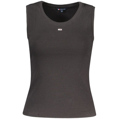 Tommy Hilfiger Black Cotton Tank Top featuring wide neckline and logo embroidery. Made with 95% regenerative cotton.