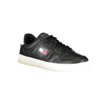 Tommy Hilfiger Black Leather Men Sneaker with white contrast details and logo, stylish and comfortable athletic shoe.