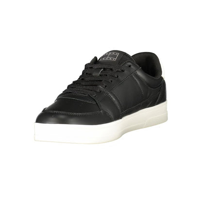 Tommy Hilfiger Black Leather Men Sneaker with white details and iconic logo, offering style and comfort with removable insole.