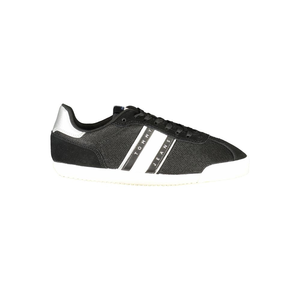 Tommy Hilfiger Black Polyester Women Sneaker with eco-friendly design and iconic logo, showcasing bold sophistication in black.