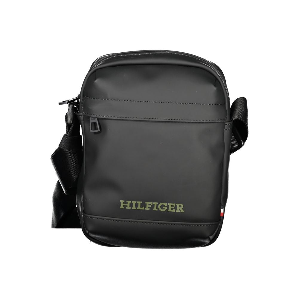 Tommy Hilfiger Black Polyethylene Shoulder Bag with adjustable strap and zipper, featuring logo and pockets.