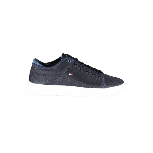 Tommy Hilfiger Blue Recycled Polyester Men Sneaker with lace-up design on white background.