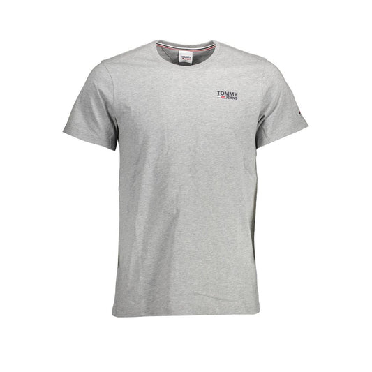 Tommy Hilfiger Brown Cotton Men T-Shirt, organic cotton short-sleeve, crew neck, modern luxury with iconic logo on grey tee.