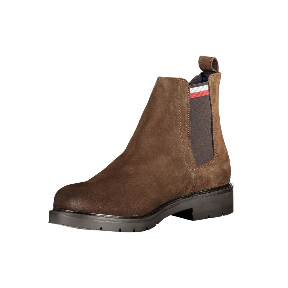 Tommy Hilfiger Brown Leather Men Boot with side elastic and iconic logo showcasing sleek sophistication and modern style.