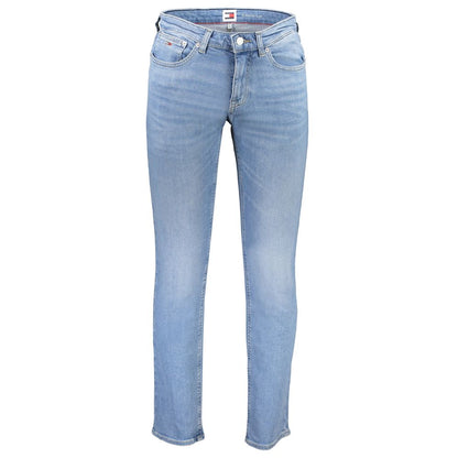 Tommy Hilfiger Light Blue Cotton Men Jeans featuring a slim fit and designer logo, ideal for stylish and comfortable everyday wear.