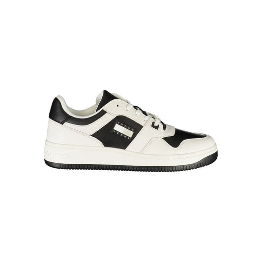 Tommy Hilfiger White Leather Mens Sneaker with black details and logo, showcasing modern style and comfort.