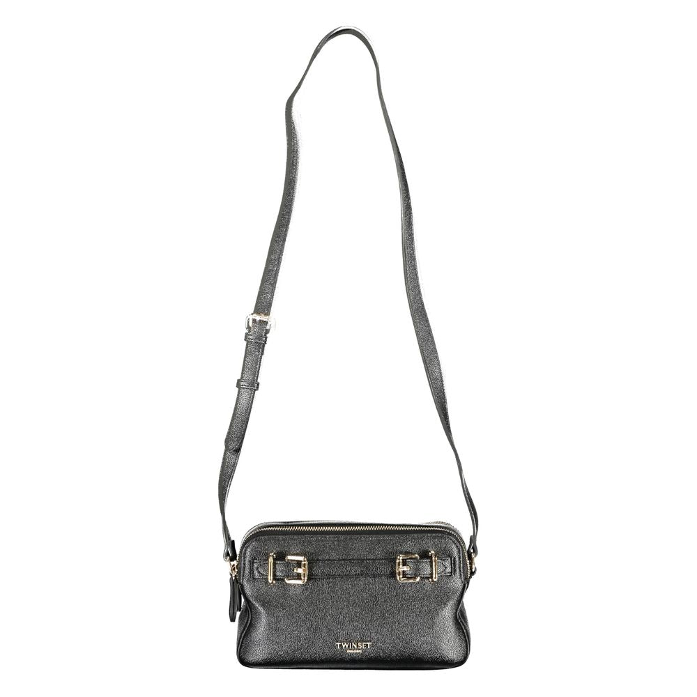 Twinset Black Polyethylene Women Handbag with adjustable shoulder strap, featuring two compartments and internal card pocket, chic camera bag design.