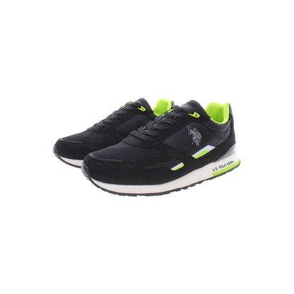 U.S. POLO ASSN. Black Polyester Sneaker with logo and contrasting details, side view of sports shoe with laces.