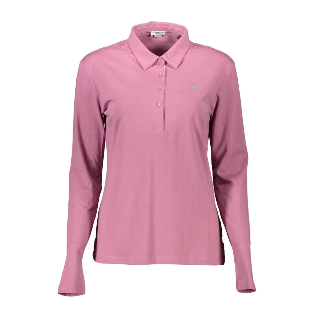 U.S. POLO ASSN. Pink Cotton Women Polo Shirt, long-sleeved with embroidery and logo, made from a cotton-elastane blend for comfort and style.