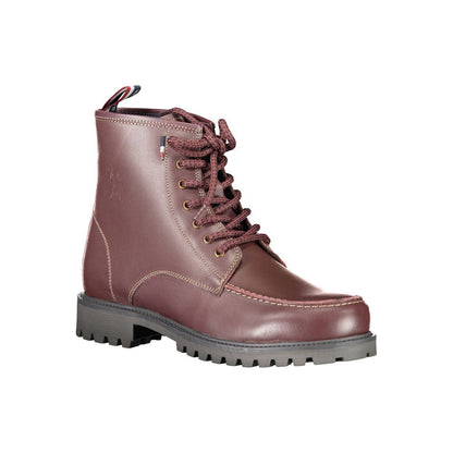 U.S. POLO ASSN. Red Leather Men Boot showcasing stylish design and rugged sole for fashion-forward elegance.