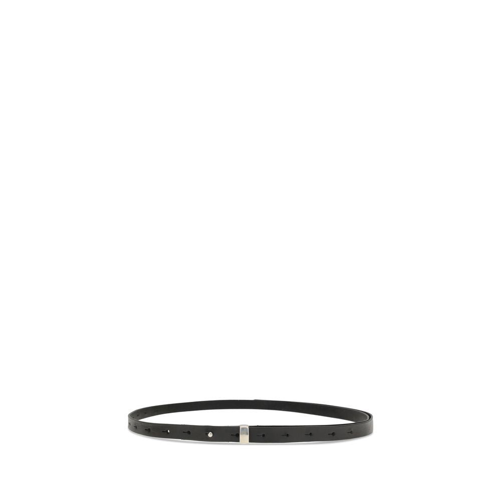 Undercover Black Leather Thin Belt with silver mini buckle, adjustable fit, adding a contemporary touch to autumn-winter fashion, 100% leather.