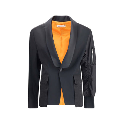 Undercover Black Polyester Bomber with shawl lapel and zippered sleeve pocket showcasing hybrid streetwear design.