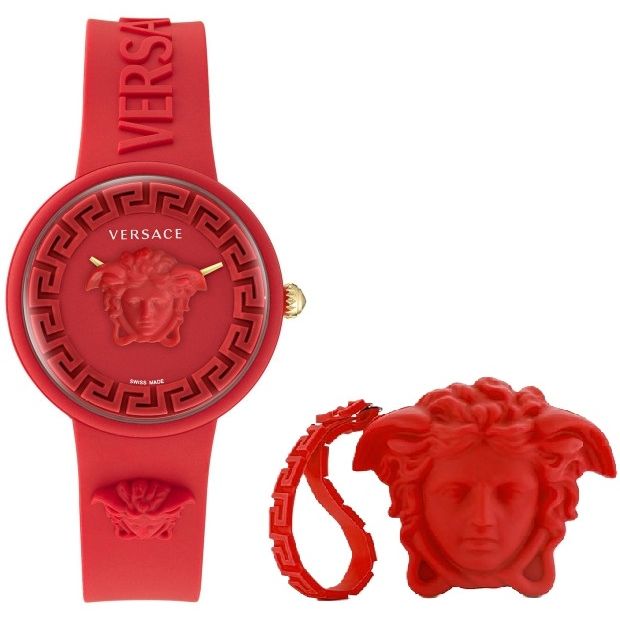 VERSACE Mod. MEDUSA POP women's wristwatch in red with resin case and silicone strap, featuring a quartz movement and special packaging.