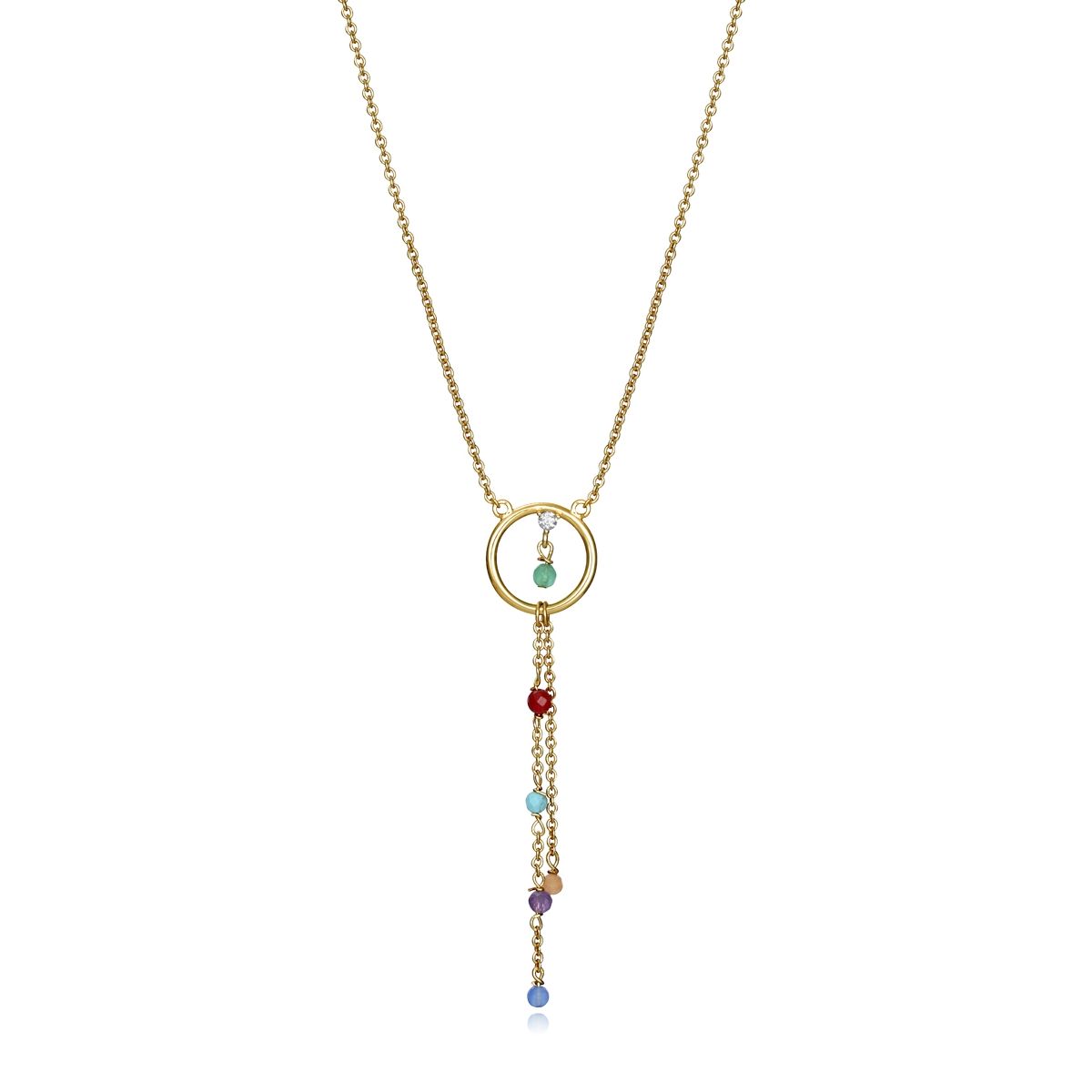 Gold necklace with colorful gemstone pendants in a cascading design.