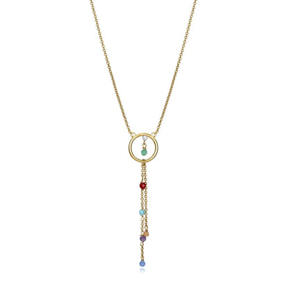 Gold necklace with colorful gemstone pendants in a cascading design.
