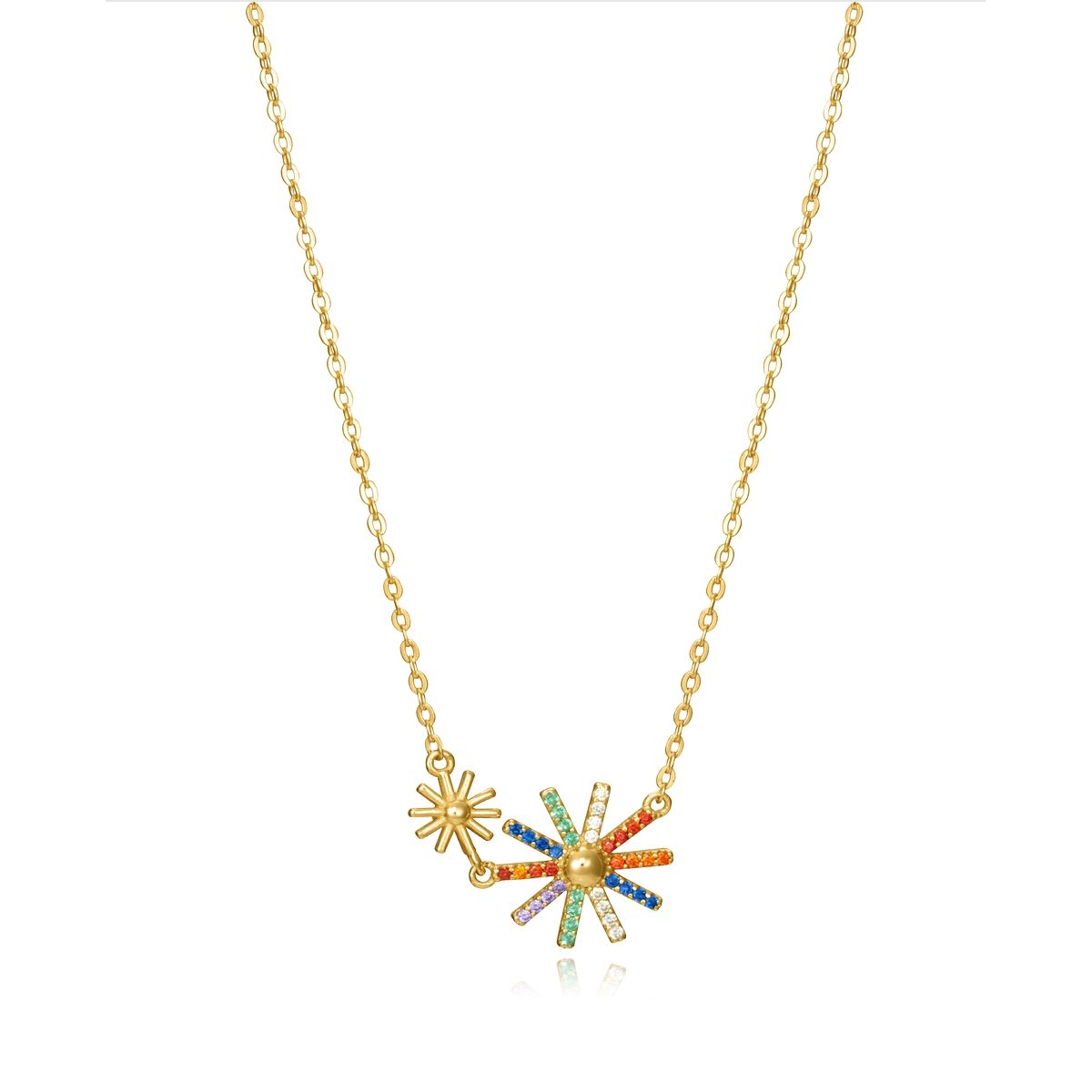Gold necklace with colorful starburst design, ideal for a bold fashion statement.