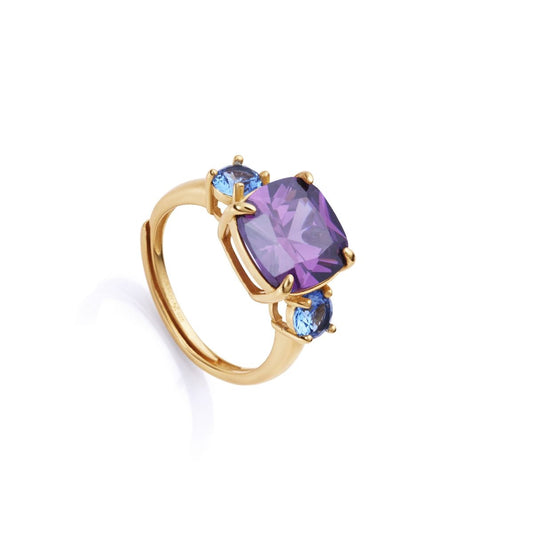 Gold ring with purple and blue gemstones, resembling VICEROY JEWELS Mod. 13100A015-59 lady's ring, featuring Silver 925° and quartz analog. 