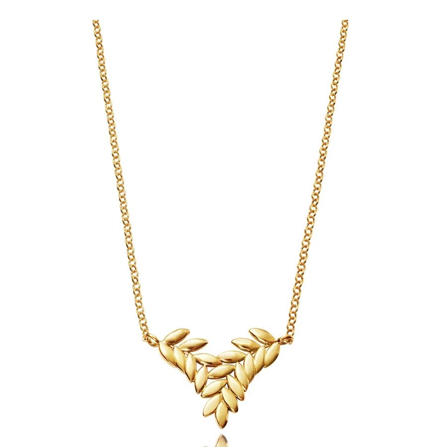 Gold necklace with leaf motif design on a chain, elegant jewelry piece for women.