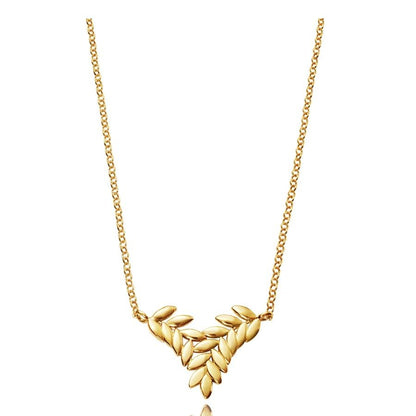 Gold necklace with leaf motif design on a chain, elegant jewelry piece for women.