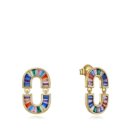 Colorful gemstone earrings with gold setting featuring a unique geometric design.