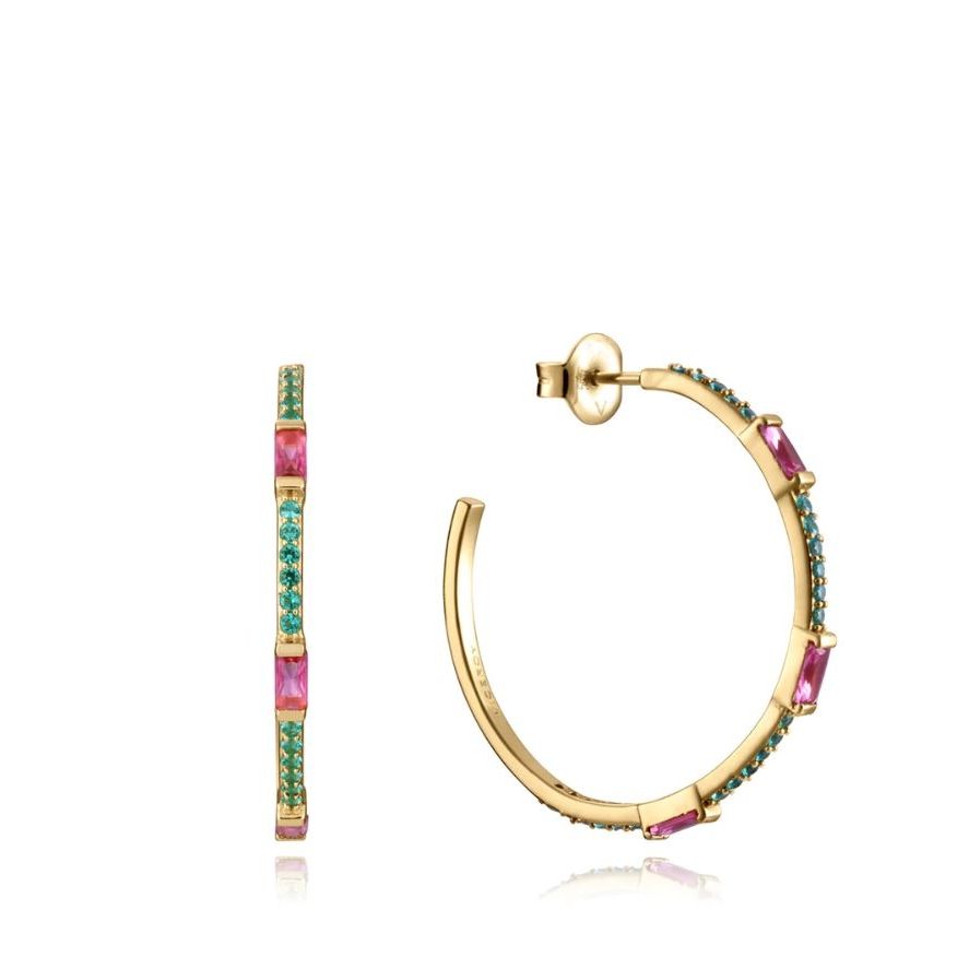 Elegant hoops earrings with pink and blue gemstones on gold, perfect for a stylish look.