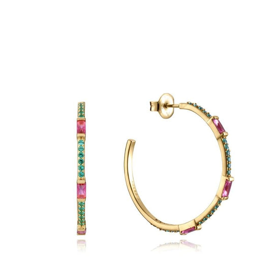 Elegant hoops earrings with pink and blue gemstones on gold, perfect for a stylish look.