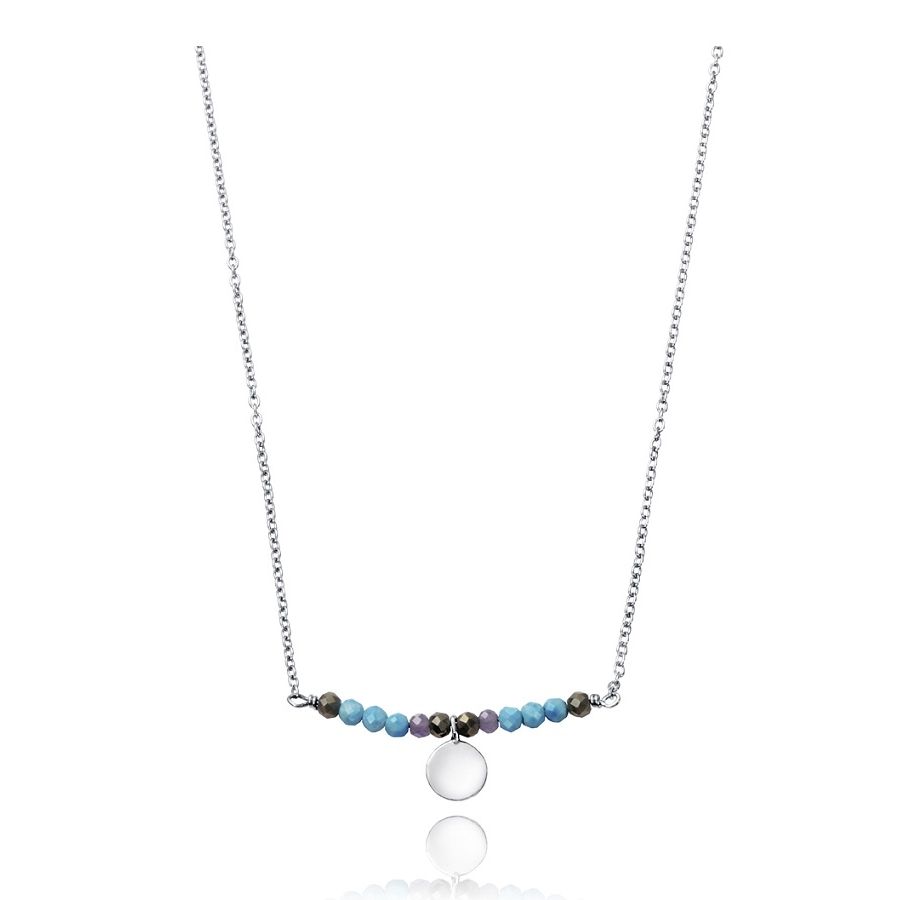 Elegant silver necklace with colorful beads and round pendant on white background