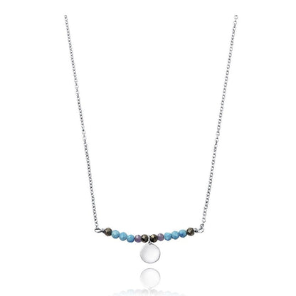Elegant silver necklace with colorful beads and round pendant on white background