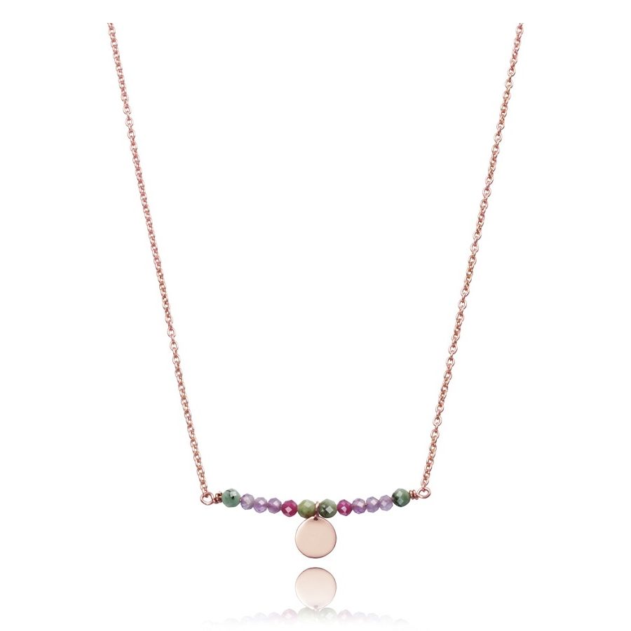 Elegant rose gold necklace with colorful beads and a circular pendant, stylish jewellery for women's fashion.