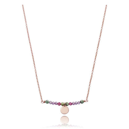 Elegant rose gold necklace with colorful beads and a circular pendant, stylish jewellery for women's fashion.