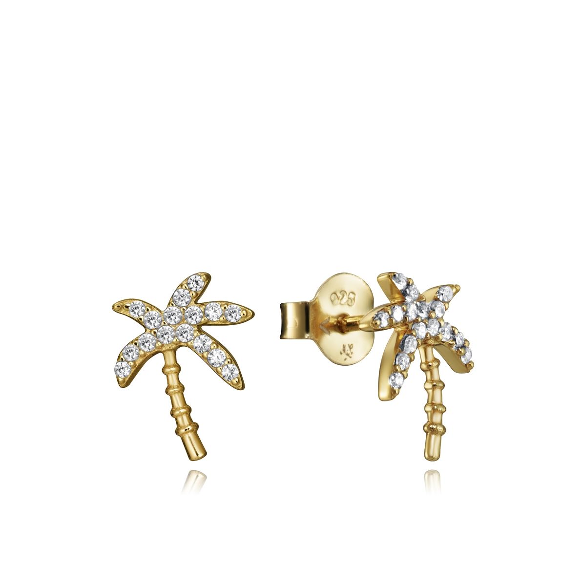 Gold palm tree stud earrings with crystal accents, ideal for casual and formal wear.
