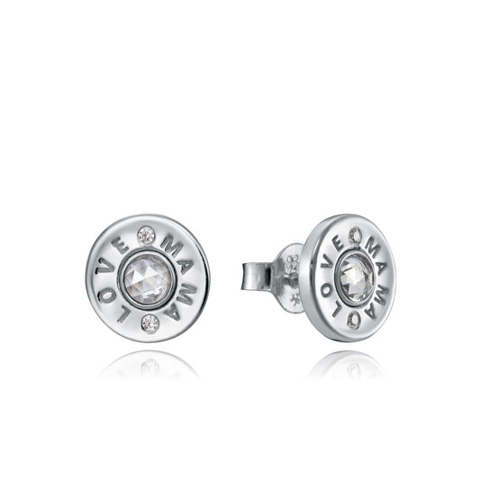 Silver earrings with "LOVE" engraving featuring round gemstones, perfect for elegant gifting.