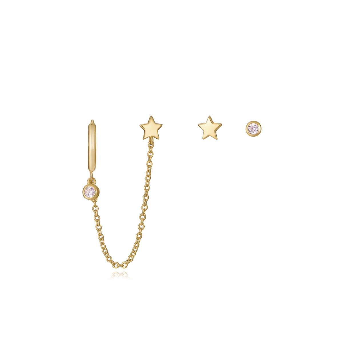 Stylish star gold earrings with chain and crystal accents for women.