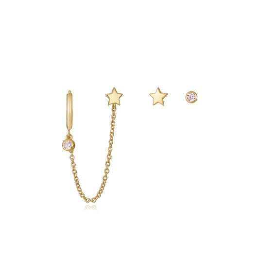 Stylish star gold earrings with chain and crystal accents for women.