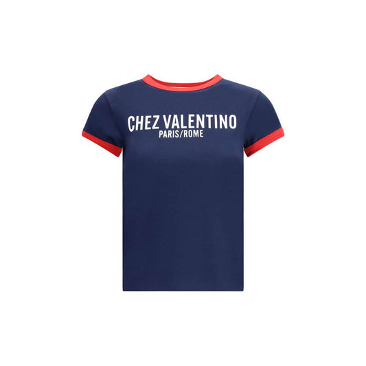 Valentino Blue Cotton T-Shirt with Chez Valentino logo and red crew neck.