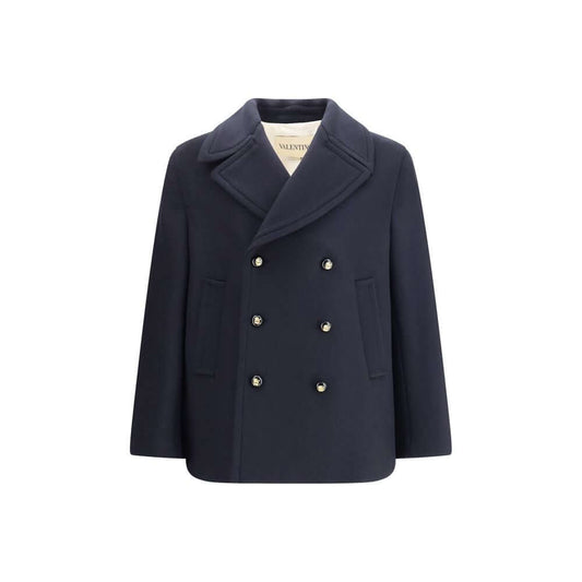 Valentino Blue Fleece Wool Coat with double-breasted front, wide lapels, and pockets for timeless elegance and modern class.