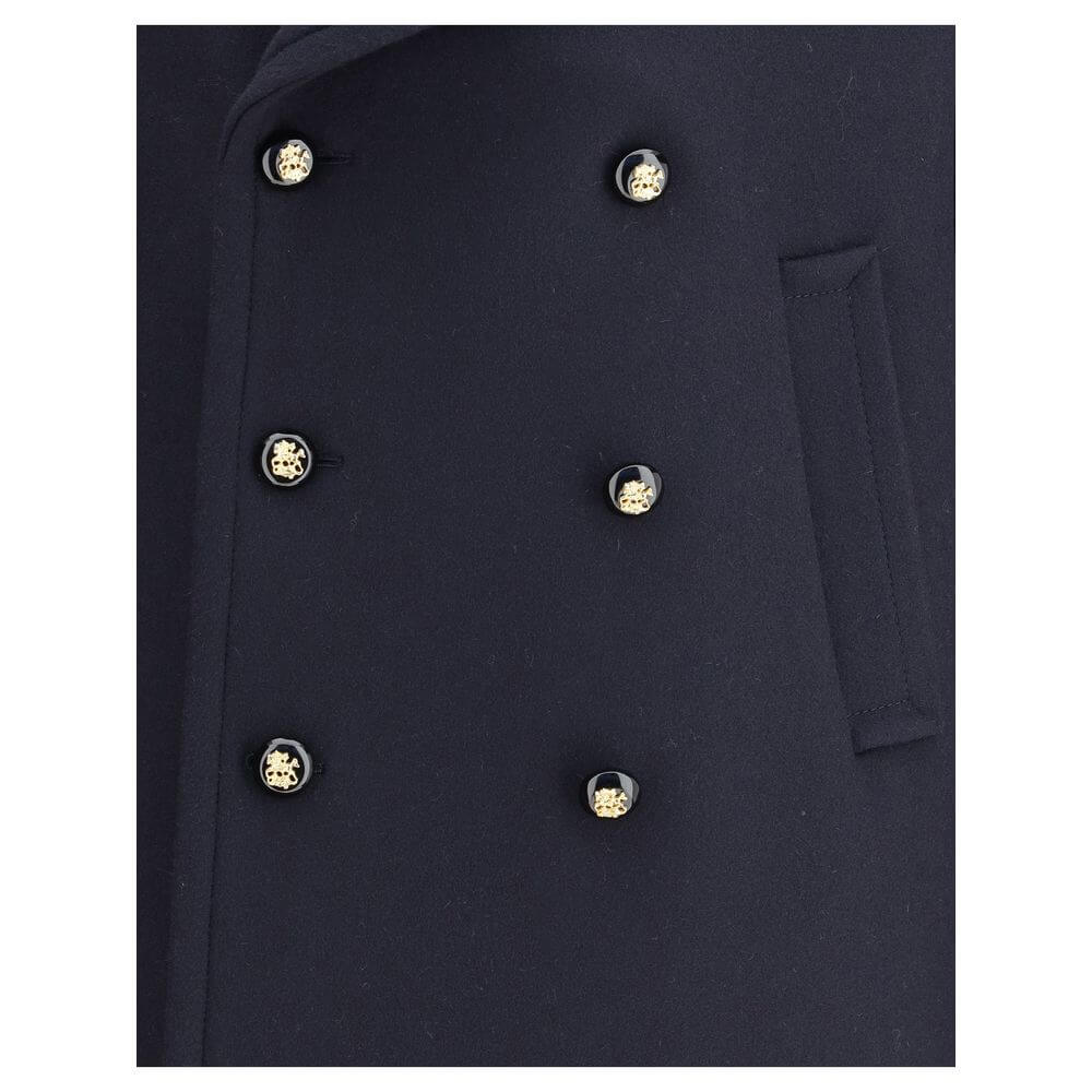Valentino Blue Fleece Wool Coat with double-breasted buttons and wide lapels for a stylish look, part of the AW25 collection.